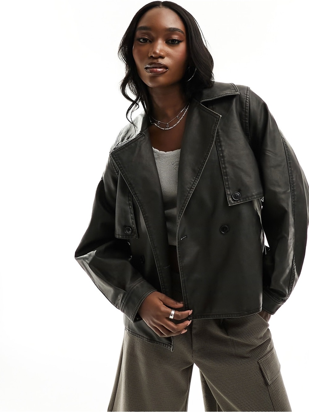Noisy May Black Double-Breasted Belted Leather Jacket
